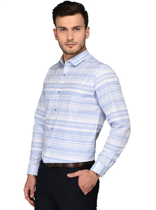 Greenfibre White & Blue Striped Slim Fit Formal Shirt