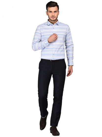 Greenfibre White & Blue Striped Slim Fit Formal Shirt