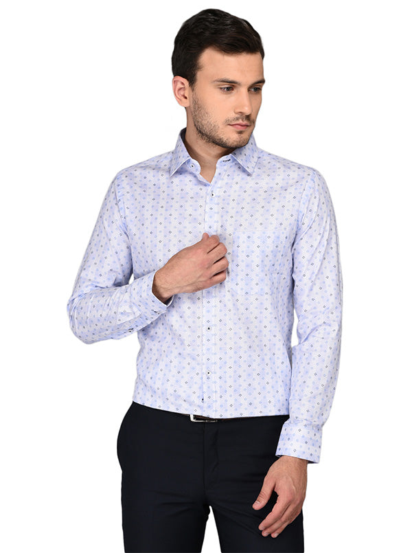 Greenfibre Sky Blue Printed Slim Fit Formal Shirt