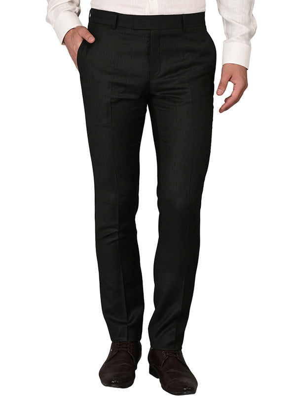 JadeBlue Black & Grey Blue Self Textured Slim Fit Formal Trouser