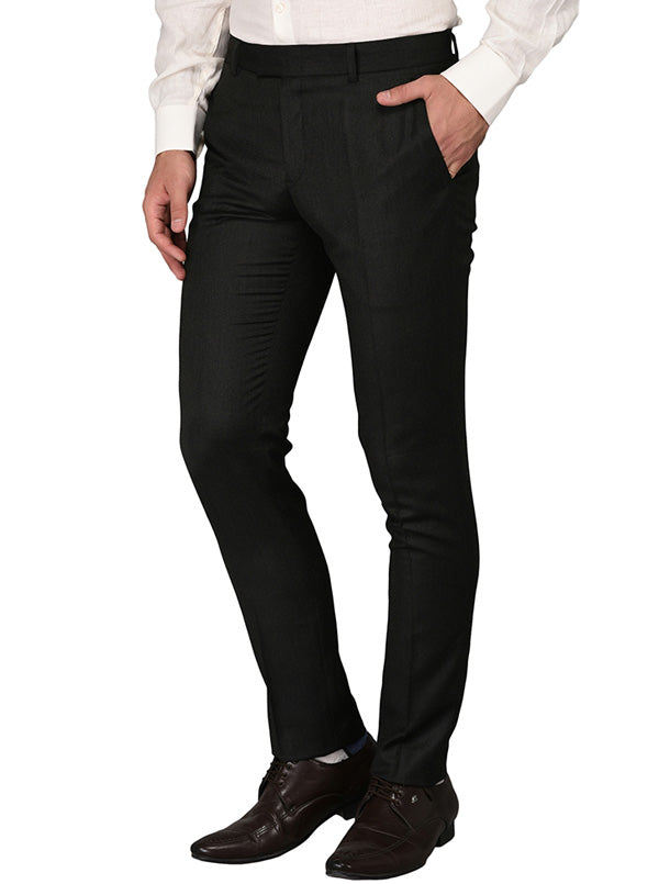 JadeBlue Black & Grey Blue Self Textured Slim Fit Formal Trouser