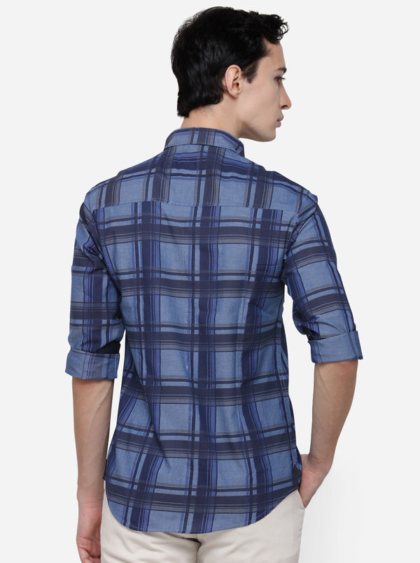Dark Blue Slim Fit Checked Casual Shirt | Greenfibre