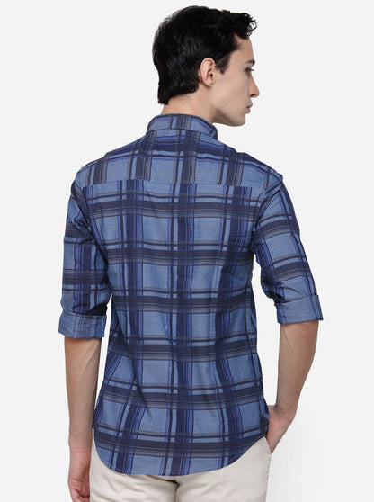 Dark Blue Slim Fit Checked Casual Shirt | Greenfibre