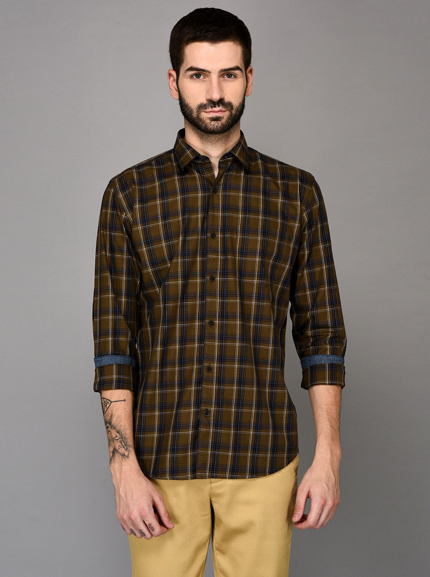 JadeBlue Olive Brown Self Textured Slim Fit Casual Trouser