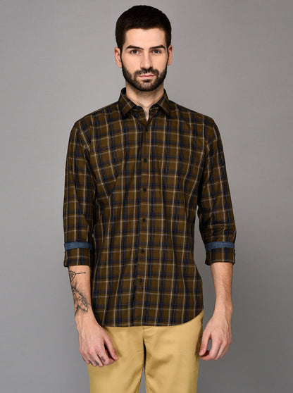 JadeBlue Olive Brown Self Textured Slim Fit Casual Trouser