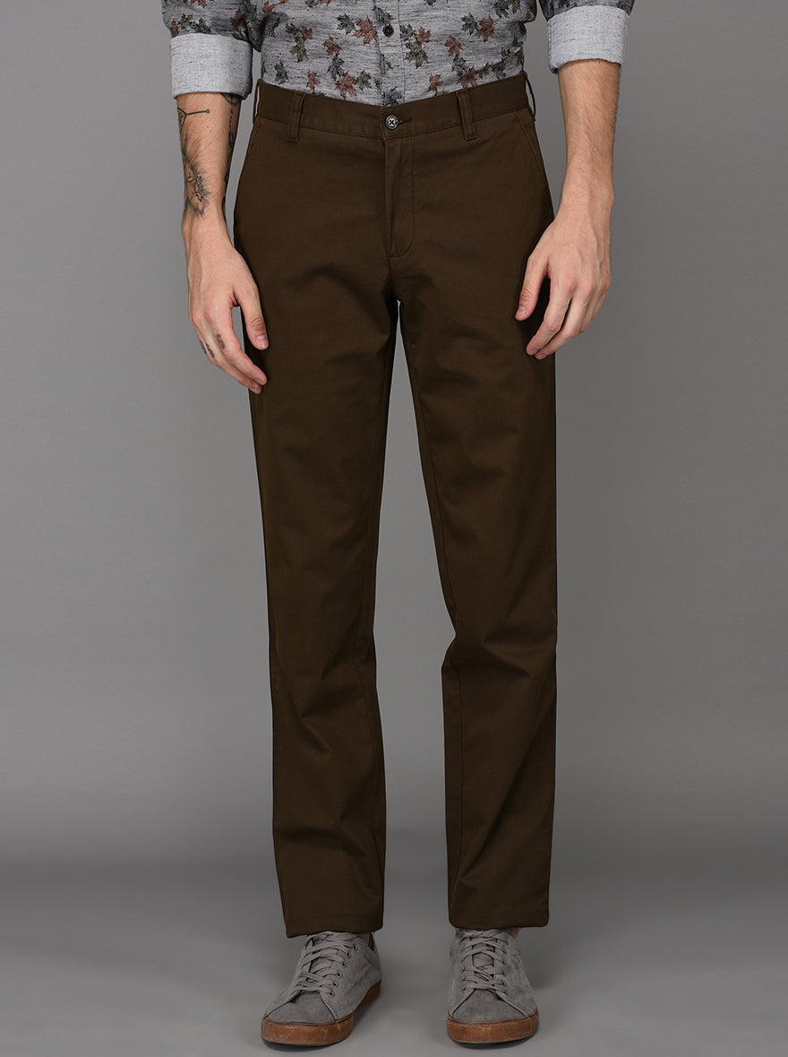 JadeBlue Olive Brown Self Textured Slim Fit Casual Trouser