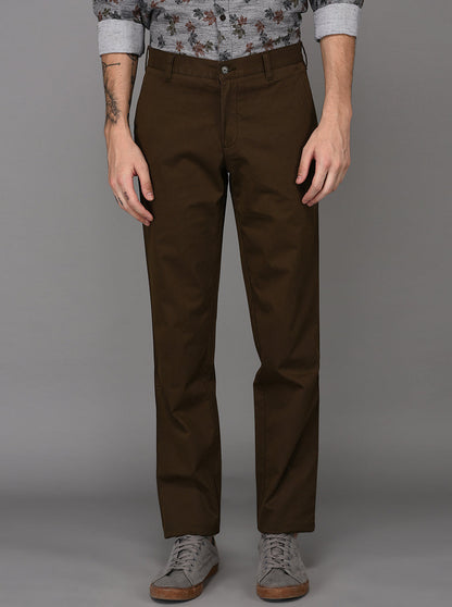 JadeBlue Olive Brown Self Textured Slim Fit Casual Trouser