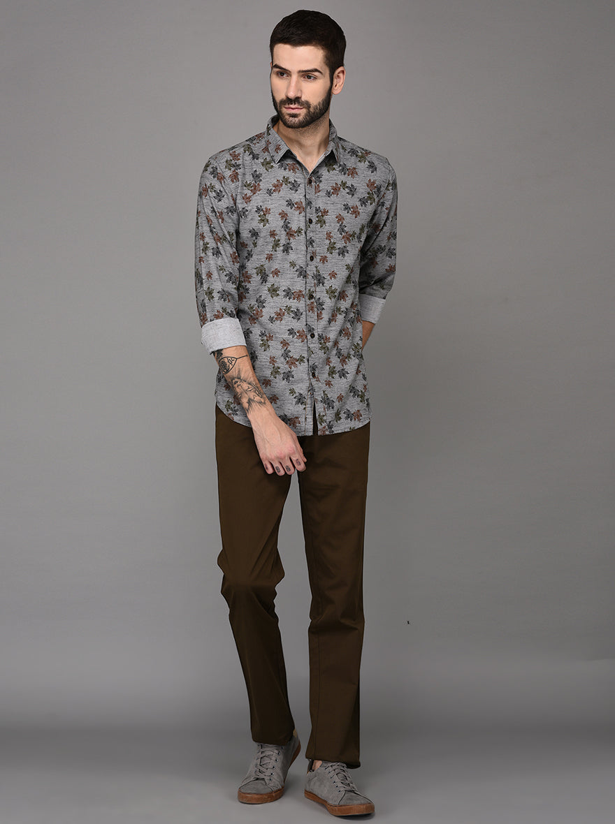 JadeBlue Olive Brown Self Textured Slim Fit Casual Trouser