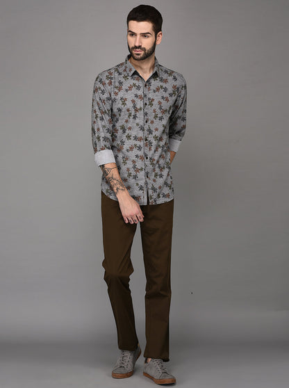 JadeBlue Olive Brown Self Textured Slim Fit Casual Trouser