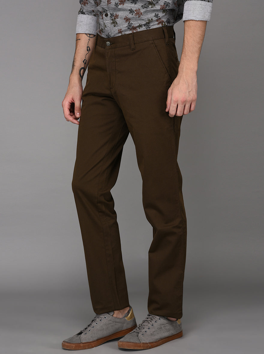 JadeBlue Olive Brown Self Textured Slim Fit Casual Trouser