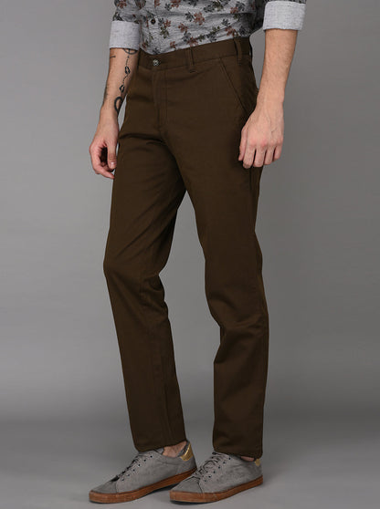 JadeBlue Olive Brown Self Textured Slim Fit Casual Trouser