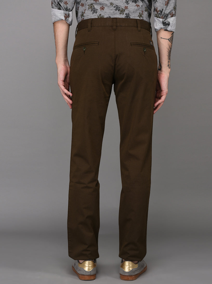 JadeBlue Olive Brown Self Textured Slim Fit Casual Trouser