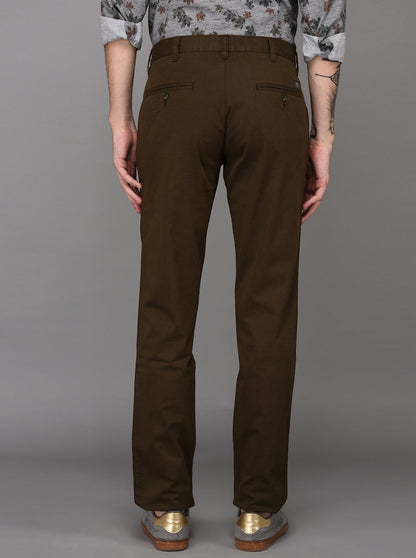 JadeBlue Olive Brown Self Textured Slim Fit Casual Trouser
