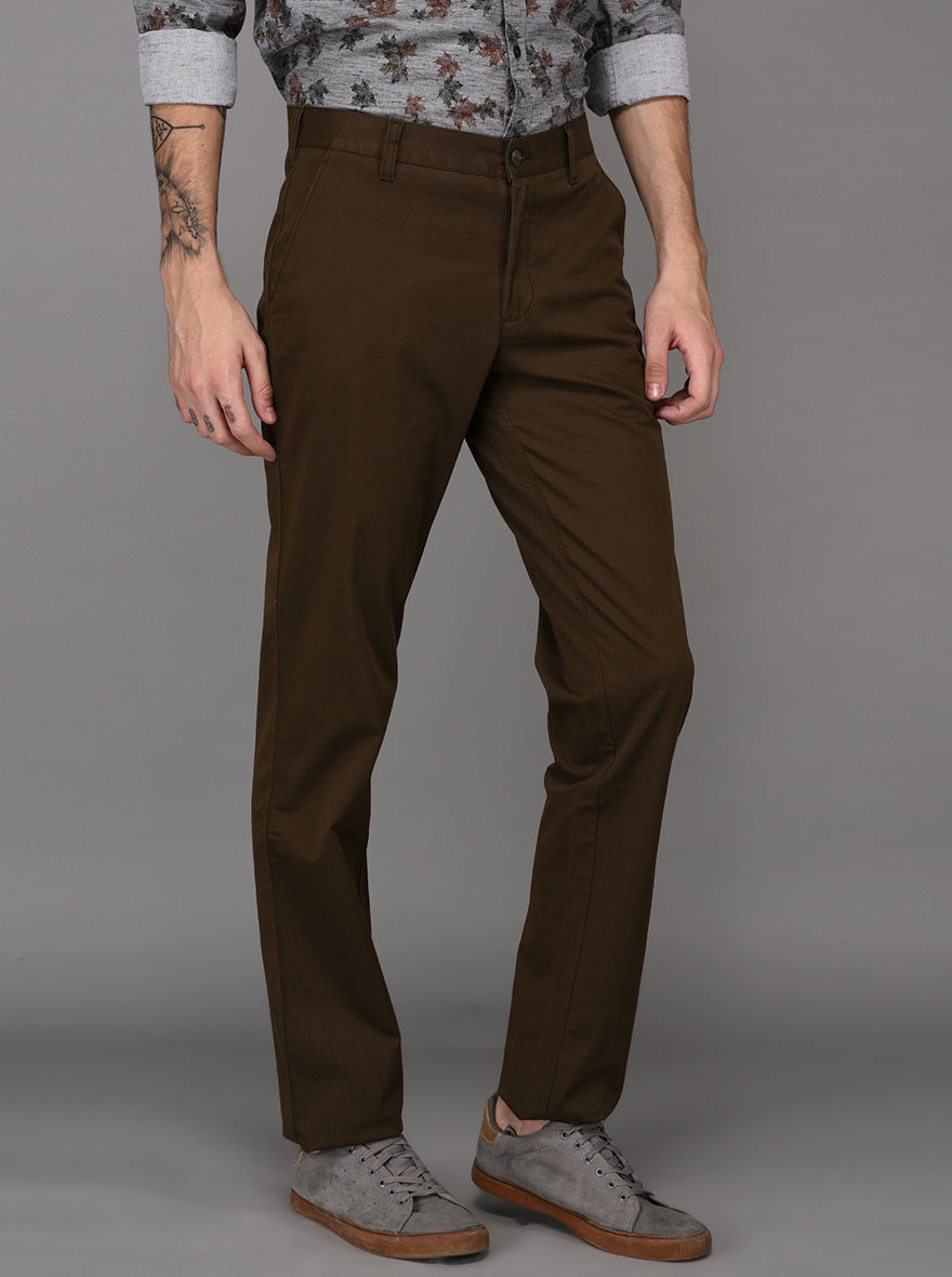 JadeBlue Olive Brown Self Textured Slim Fit Casual Trouser