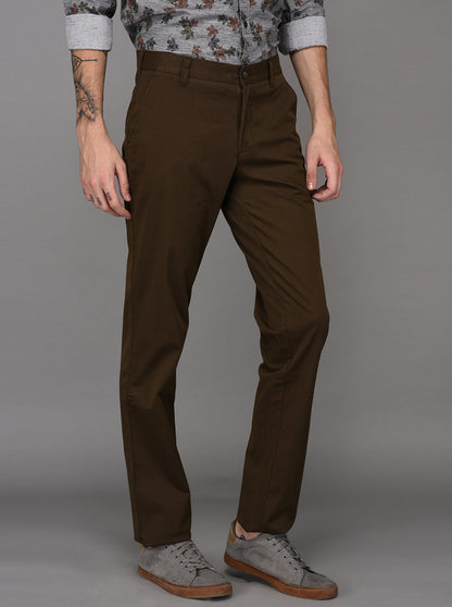 JadeBlue Olive Brown Self Textured Slim Fit Casual Trouser