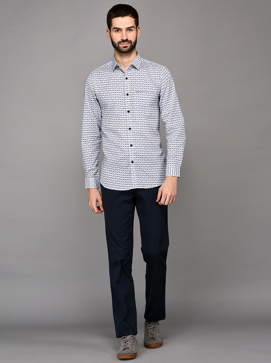 JadeBlue Navy Blue Self Textured Slim Fit Casual Trouser