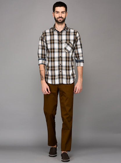 JadeBlue Dark Khaki Self Textured Slim Fit Casual Trouser