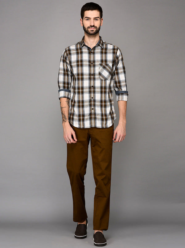 JadeBlue Dark Khaki Self Textured Slim Fit Casual Trouser