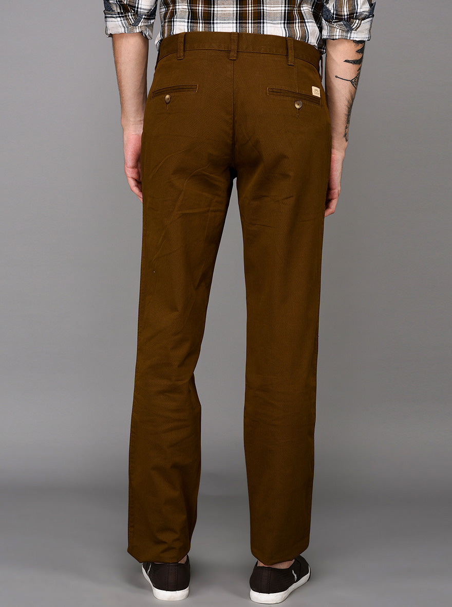 JadeBlue Dark Khaki Self Textured Slim Fit Casual Trouser