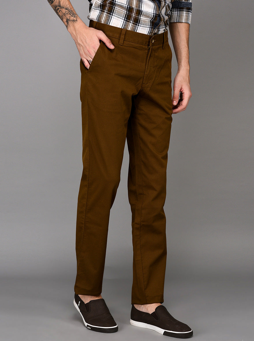 JadeBlue Dark Khaki Self Textured Slim Fit Casual Trouser