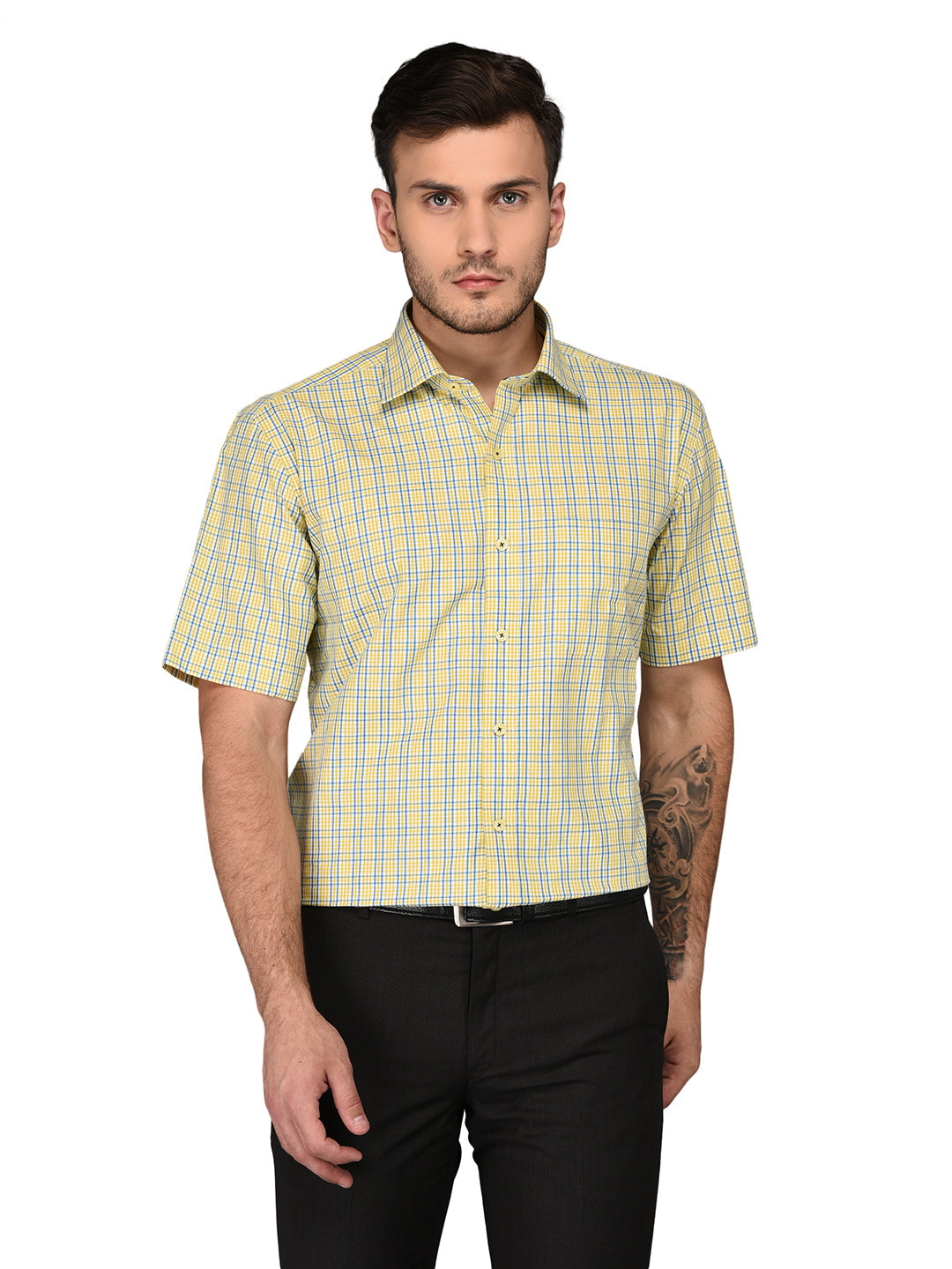 JadeBlue Yellow & Blue Checked Regular Fit Formal Shirt