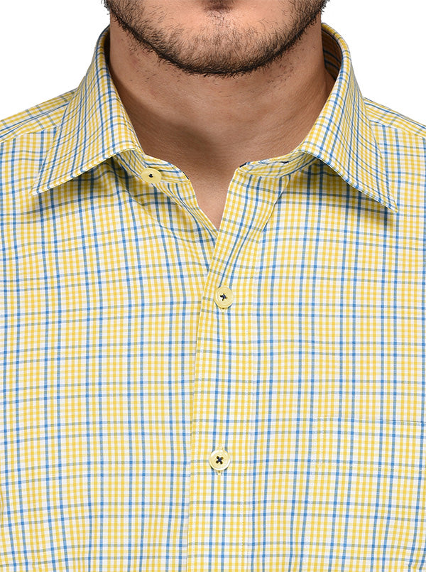 JadeBlue Yellow & Blue Checked Regular Fit Formal Shirt