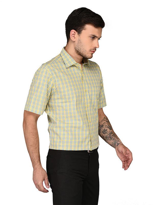 JadeBlue Yellow & Blue Checked Regular Fit Formal Shirt