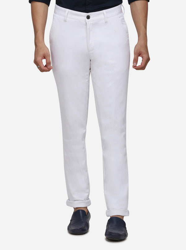 White Solid Slim Fit Casual Trouser | Greenfibre