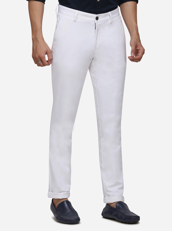 White Solid Slim Fit Casual Trouser | Greenfibre