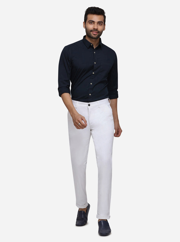 White Solid Slim Fit Casual Trouser | Greenfibre