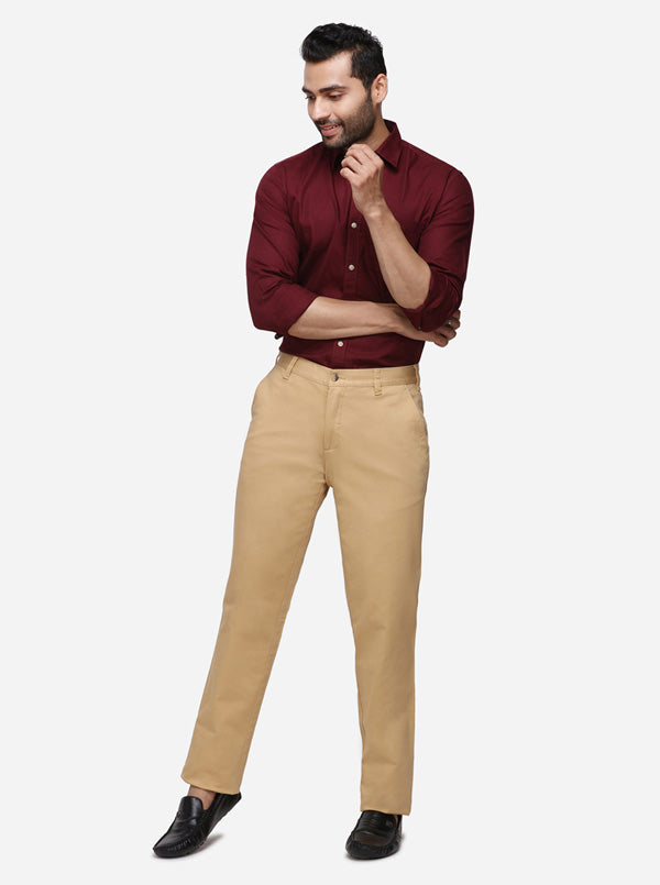 Khaki Solid Super Slim Fit Casual Trouser | Greenfibre