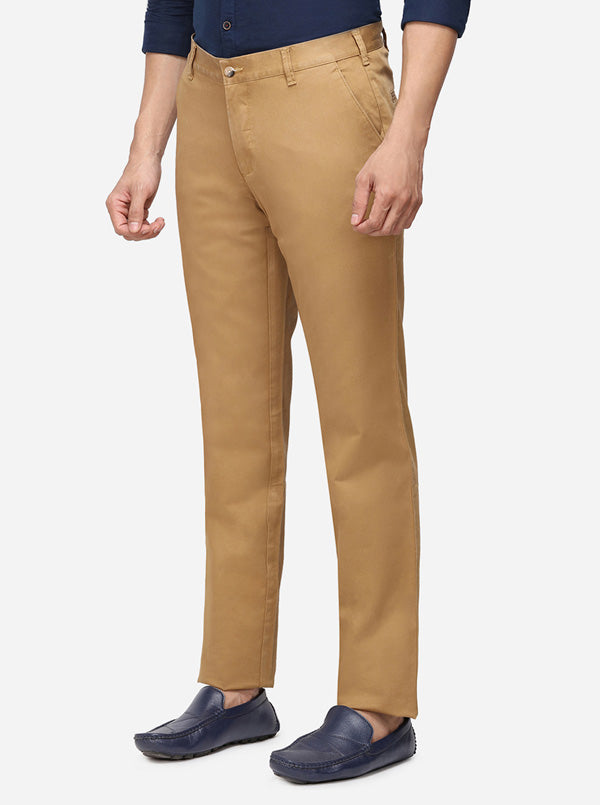 Khaki Solid Super Slim Fit Casual Trouser | Greenfibre
