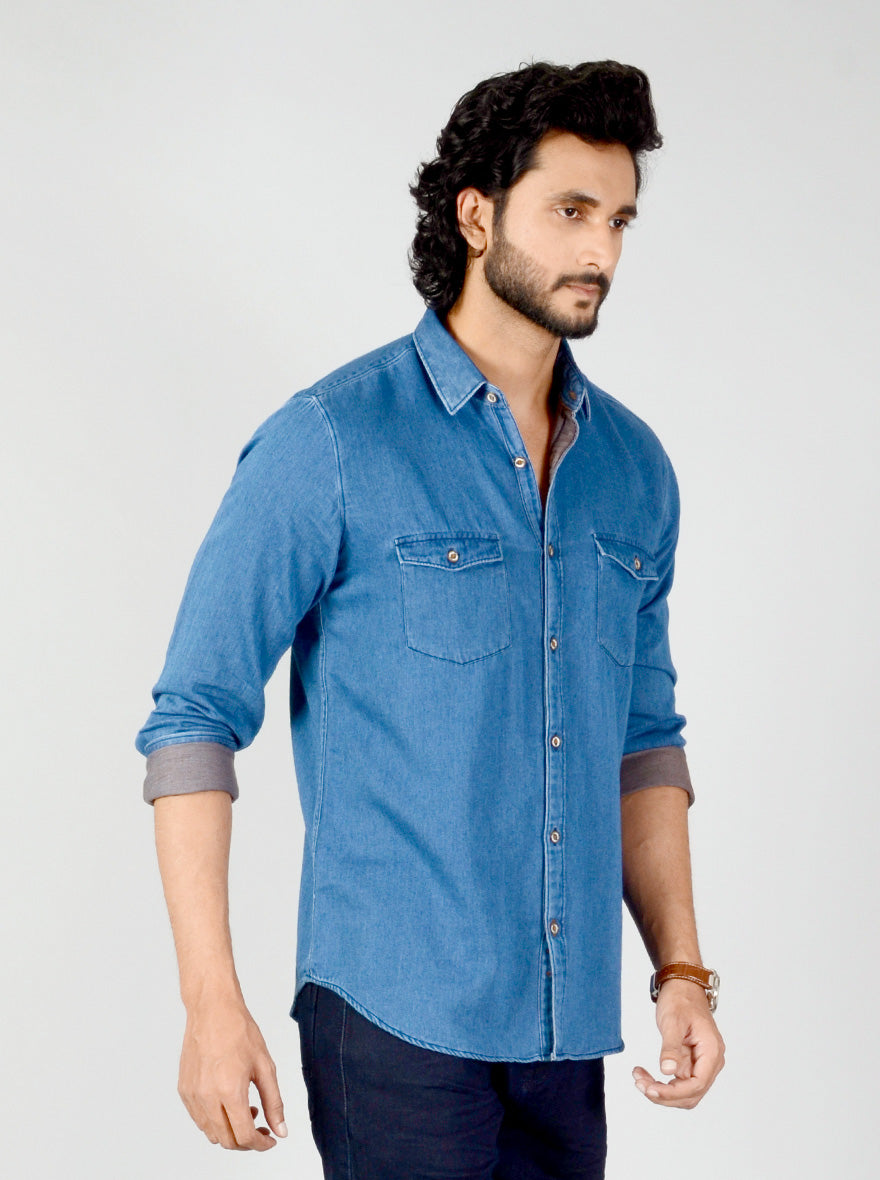 Indigo Blue Solid Slim Fit Casual Shirt | JB Sport