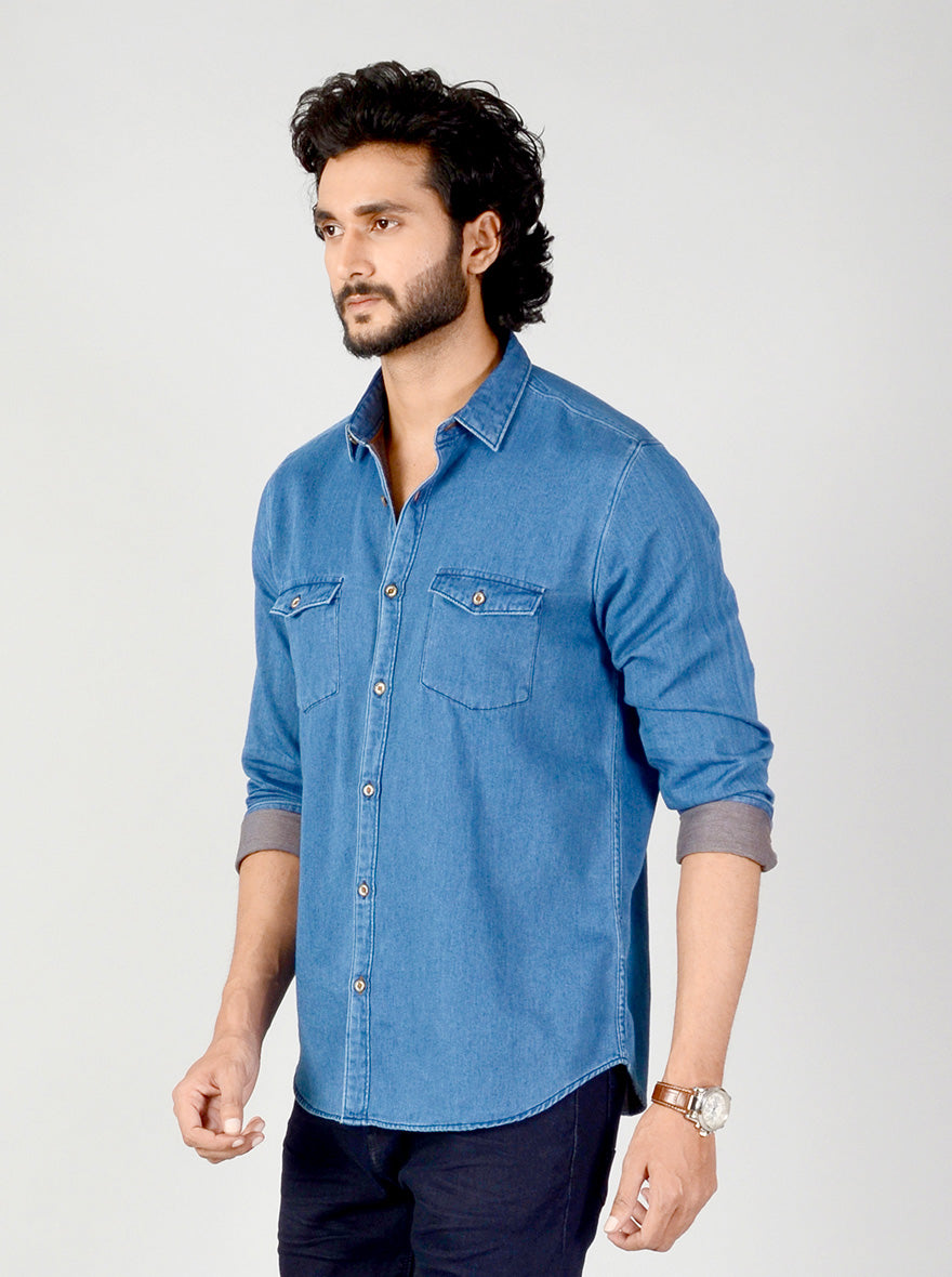 Indigo Blue Solid Slim Fit Casual Shirt | JB Sport