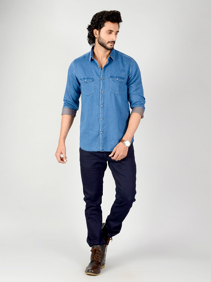 Indigo Blue Solid Slim Fit Casual Shirt | JB Sport