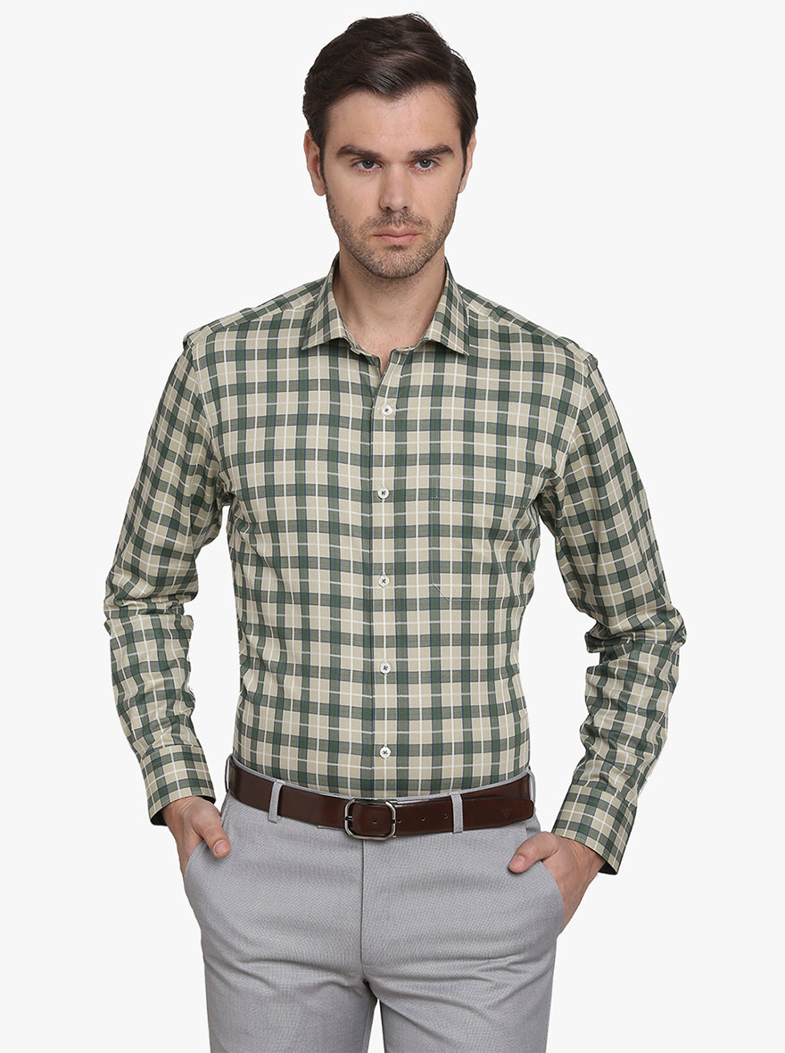 Cream & Green Checked Slim Fit Formal Shirt  | JadeBlue