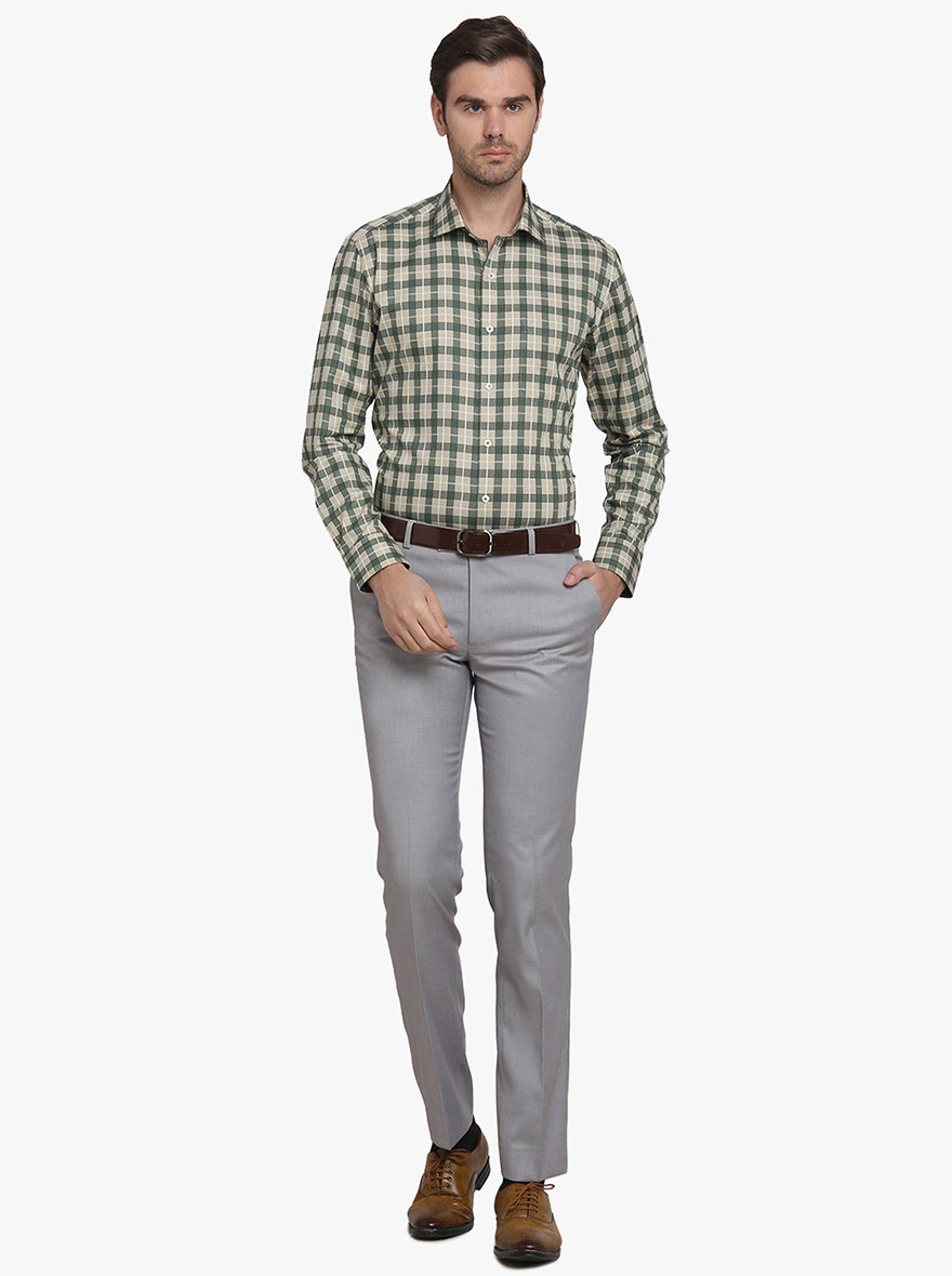 Cream & Green Checked Slim Fit Formal Shirt  | JadeBlue