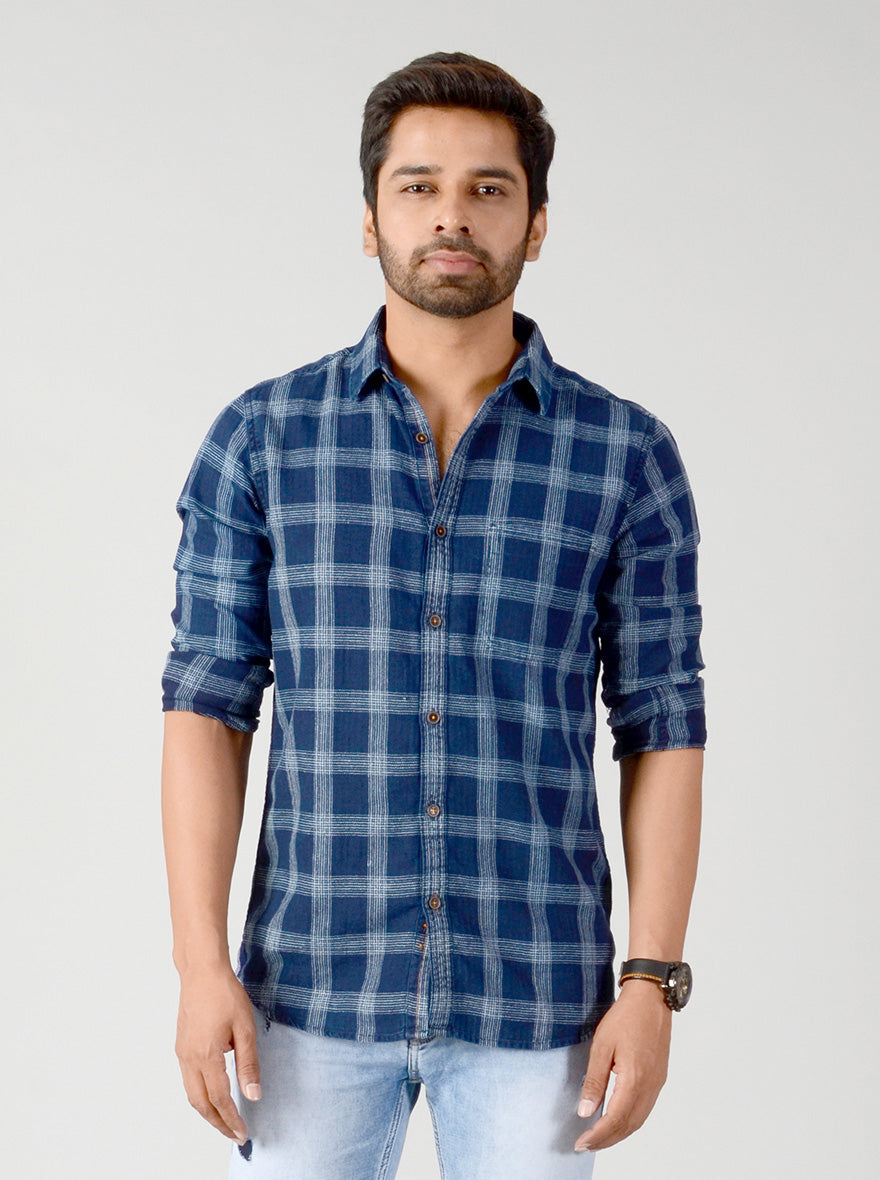 Indigo Blue Checked Slim Fit Casual Shirt | JB Sport