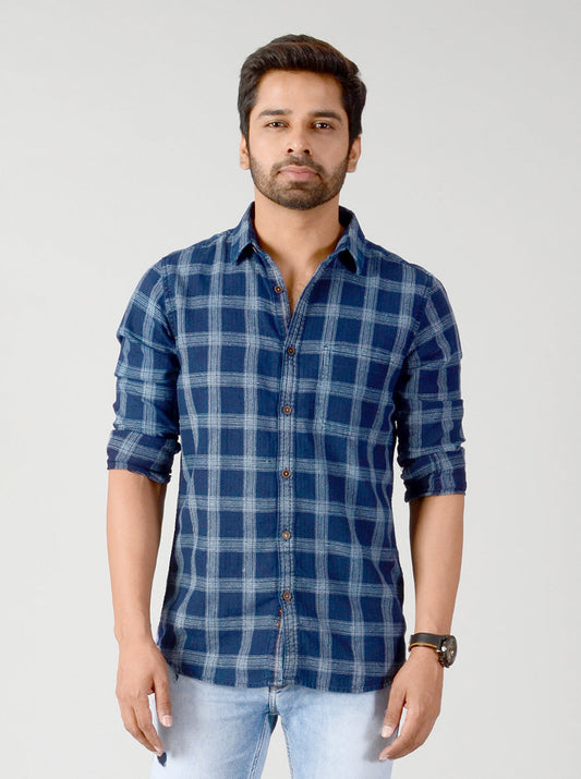 Indigo Blue Checked Slim Fit Casual Shirt | JB Sport