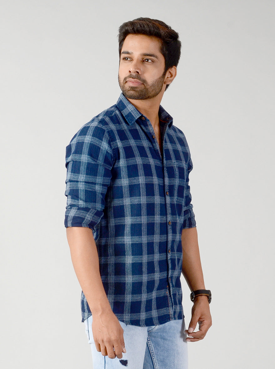 Indigo Blue Checked Slim Fit Casual Shirt | JB Sport