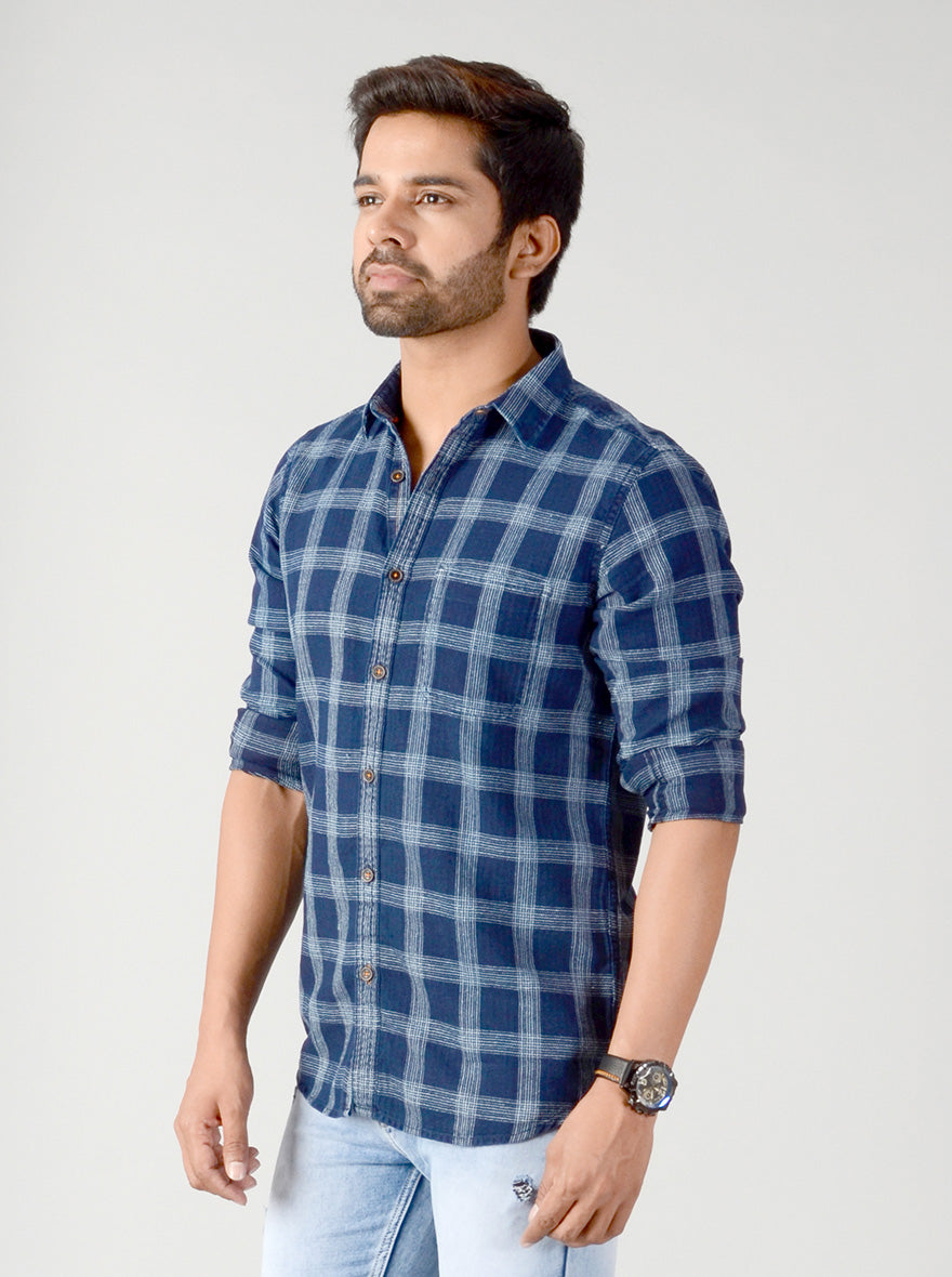 Indigo Blue Checked Slim Fit Casual Shirt | JB Sport