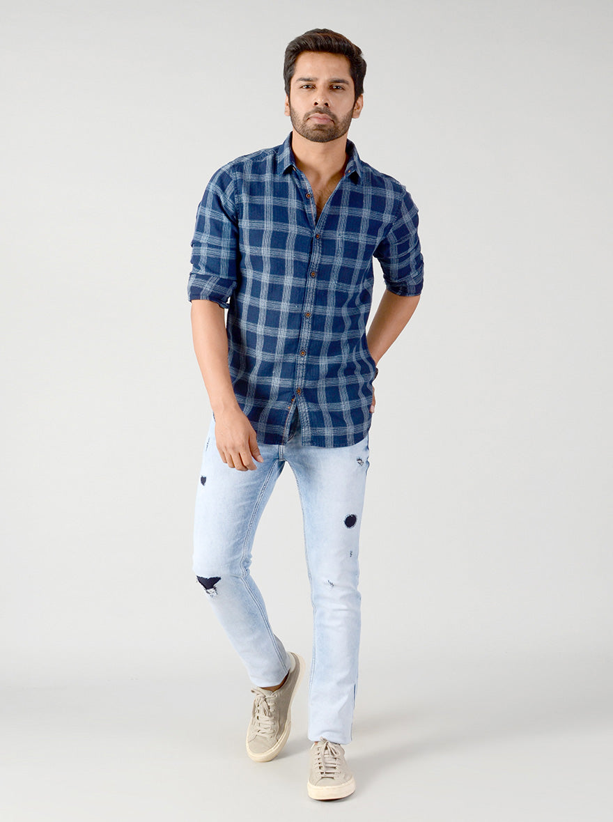 Indigo Blue Checked Slim Fit Casual Shirt | JB Sport