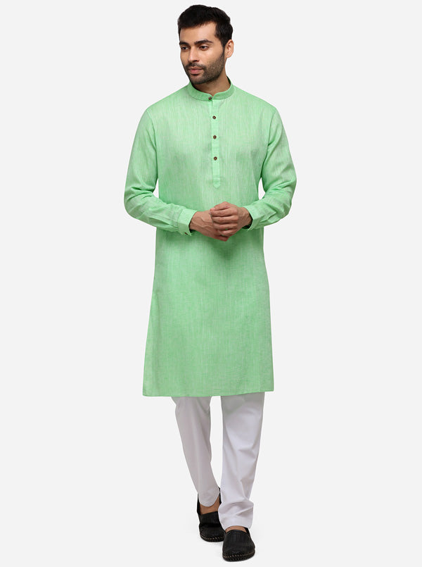 Light Green Self Textured Regular Fit Modi Kurta | JadeBlue