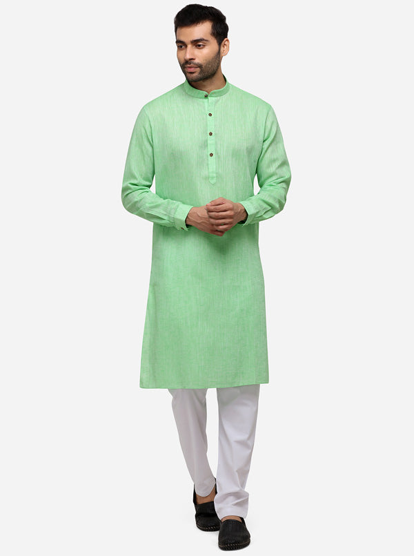 Light Green Self Textured Regular Fit Modi Kurta | JadeBlue