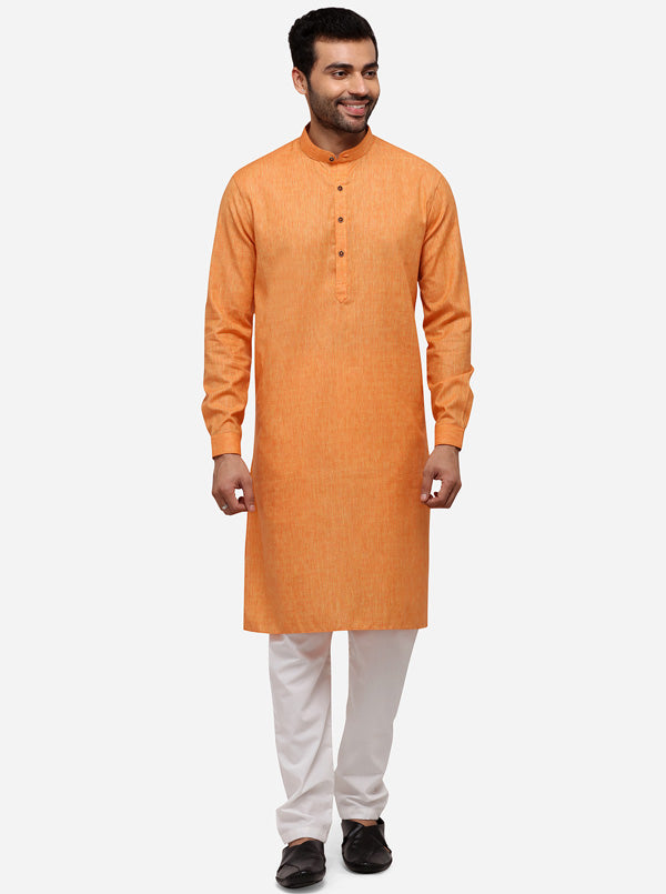 Orange Self Textured Regular Fit Modi Kurta | JadeBlue