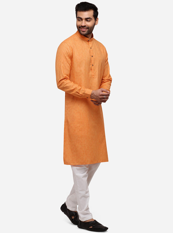 Orange Self Textured Regular Fit Modi Kurta | JadeBlue