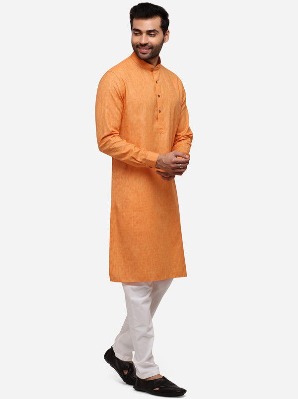 Orange Self Textured Regular Fit Modi Kurta | JadeBlue