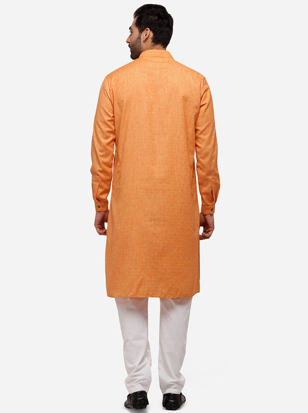 Orange Self Textured Regular Fit Modi Kurta | JadeBlue