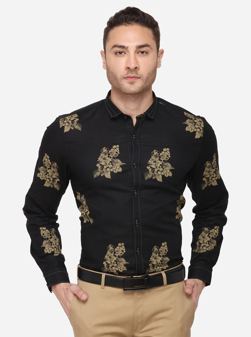 Black Printed Slim Fit Party Wear Shirt | JB Studio