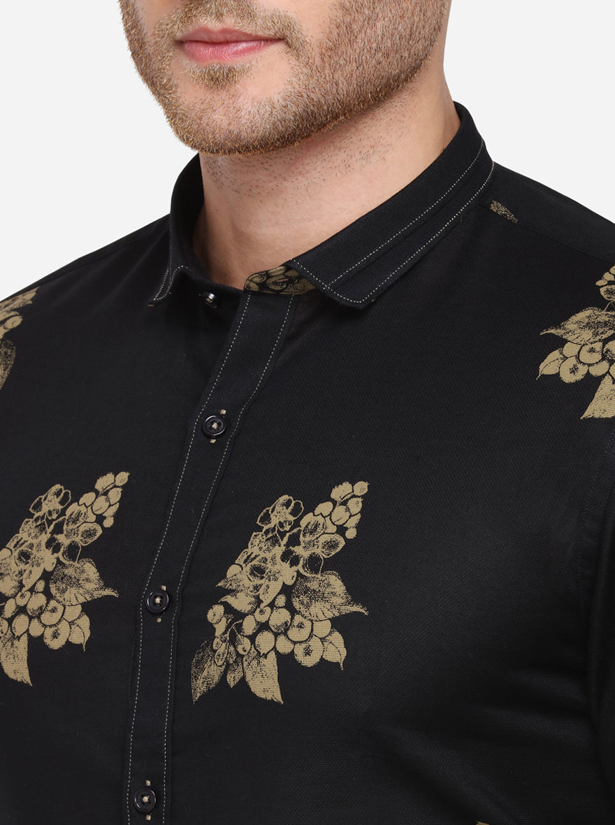 Black Printed Slim Fit Party Wear Shirt | JB Studio